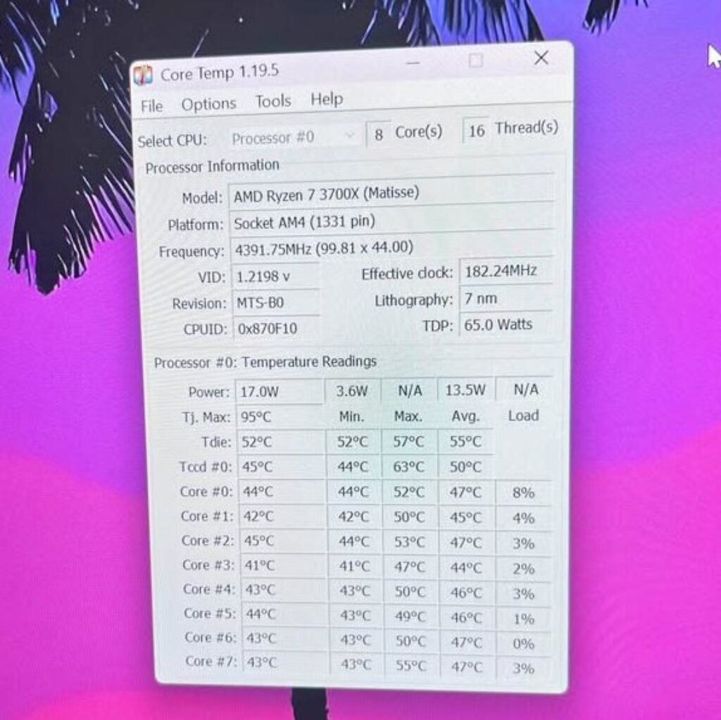 AMD Ryzen 7 3700X (Matisse) Desktop processor temperature test on Core Temp 1.19.5 showing 8 cores at 4391.75MHz boost clock, idle temps ranging 41–45°C across all cores, 17W power draw, and 7nm lithography on Socket AM4 platform.
