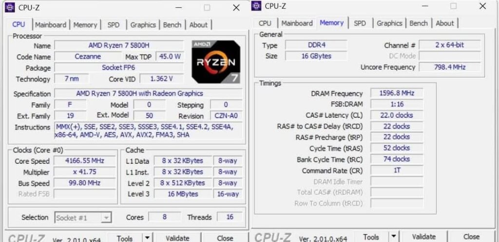 CPU-Z v2.01.0 x64 benchmark screenshot of AMD Ryzen 7 5800H (Cezanne, 7nm) running at 4166.55 MHz with x41.75 multiplier, 8 cores, 16 threads, 45W TDP, L1/L2/L3 cache hierarchy up to 16MB, and 16GB DDR4-3200 dual-channel memory at 1596.8 MHz DRAM frequency with 22-22-22-52 timings — verified via CPU-Z hardware validation tool