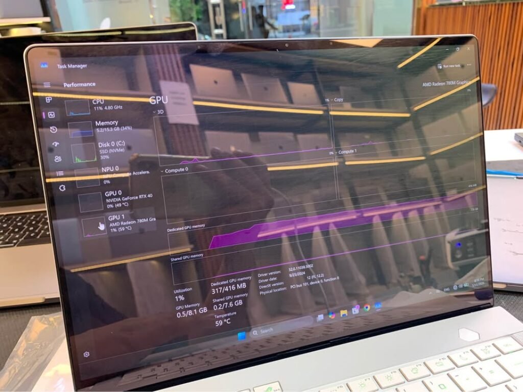 AMD Ryzen 9 8940HX integrated AMD Radeon 780M GPU performance monitored in Windows 11 Task Manager, showing 1% GPU utilization, 59°C temperature, 317 MB dedicated GPU memory usage, and 7.6 GB shared GPU memory capacity during a real-world GPU stress test