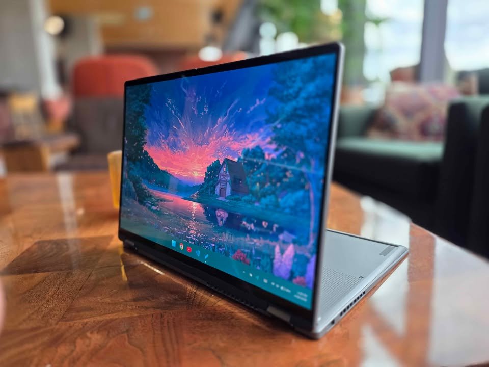 ASUS Vivobook 14 Flip Core Ultra 7 in tent mode showcasing vibrant OLED display with vivid color accuracy and wide viewing angle