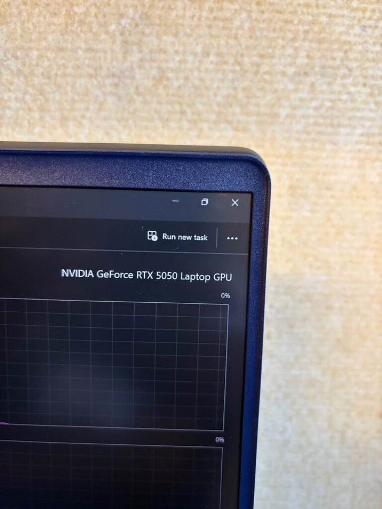 Alienware 16 Aurora Core 7 laptop screen showing NVIDIA GeForce RTX 5050 Laptop GPU listed in Windows Task Manager GPU performance monitor