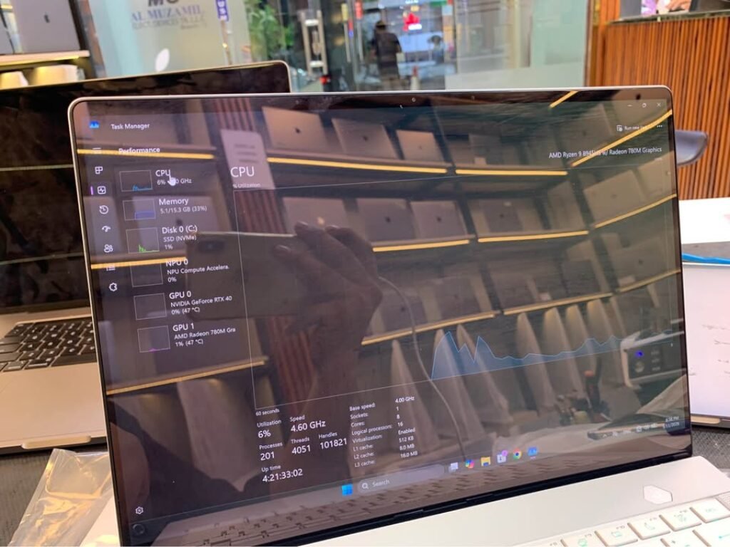 AMD Ryzen 9 8945HX processor performance stats displayed in Windows Task Manager on a laptop, showing 4.60 GHz current clock speed, 6% CPU utilization, 8 cores, 16 logical processors, 512 KB L1 cache, 8.0 MB L2 cache, 16.0 MB L3 cache, alongside NVIDIA GeForce RTX 40 series discrete GPU and AMD Radeon 780M integrated graphics running at 47°C