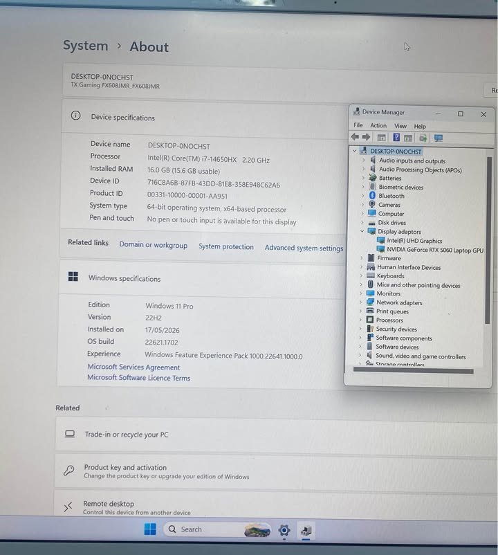 ASUS TUF Gaming F16 FX608JMR system specifications screenshot displaying Intel Core i7-14650HX processor at 2.20GHz, 16GB installed RAM, NVIDIA GeForce RTX 5060 Laptop GPU confirmed in Device Manager