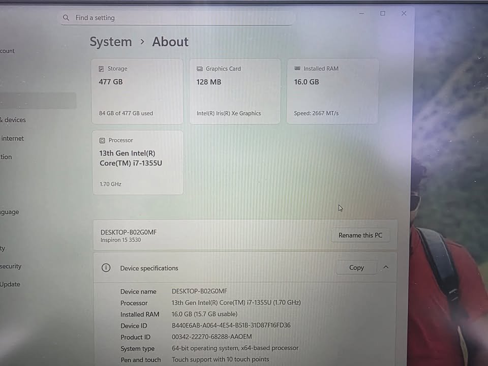 Dell Inspiron 15 3530 Windows 11 System About page displaying 13th Gen Intel Core i7-1355U processor at 1.70 GHz, 16.0 GB DDR4 RAM at 2667 MT/s speed, Intel Iris Xe integrated graphics with 128 MB, and 477 GB storage with 84 GB used
