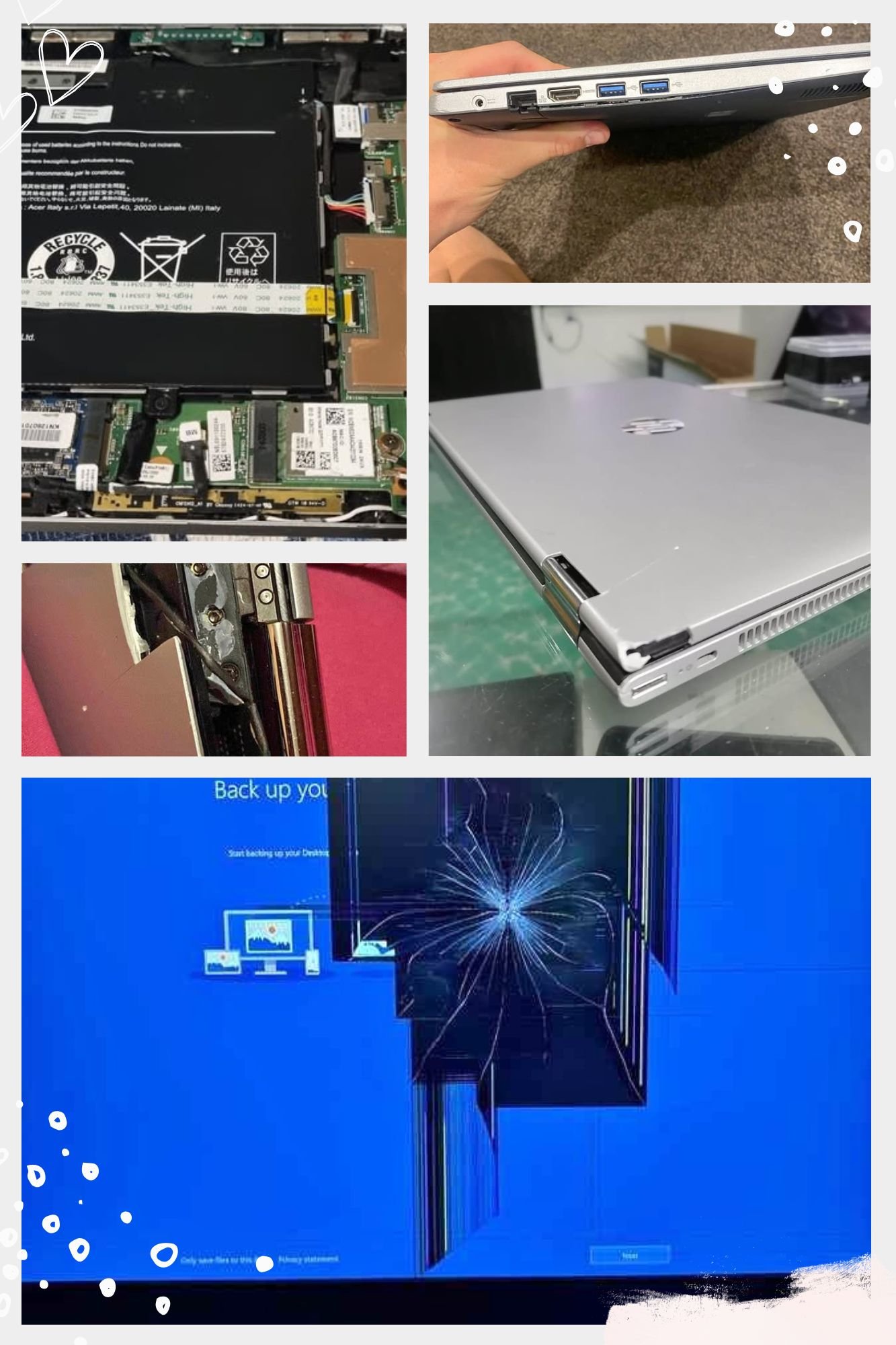Our team fix all common laptop faults including Internal motherboard components, USB and HDMI ports, a damaged laptop hinge with exposed metal, Exterior with a bent chassis and Cracked laptop display screen with visible fracture lines. 