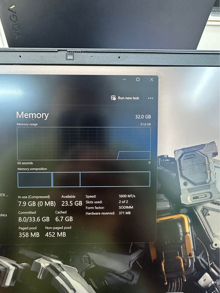 HP Omen 16 Intel Core i7-14650HX NVIDIA RTX 5050 Task Manager Memory tab showing 32GB DDR5 RAM at 5600 MT/s speed with 7.9GB in use and 23.5GB available across 2 of 2 SODIMM slots