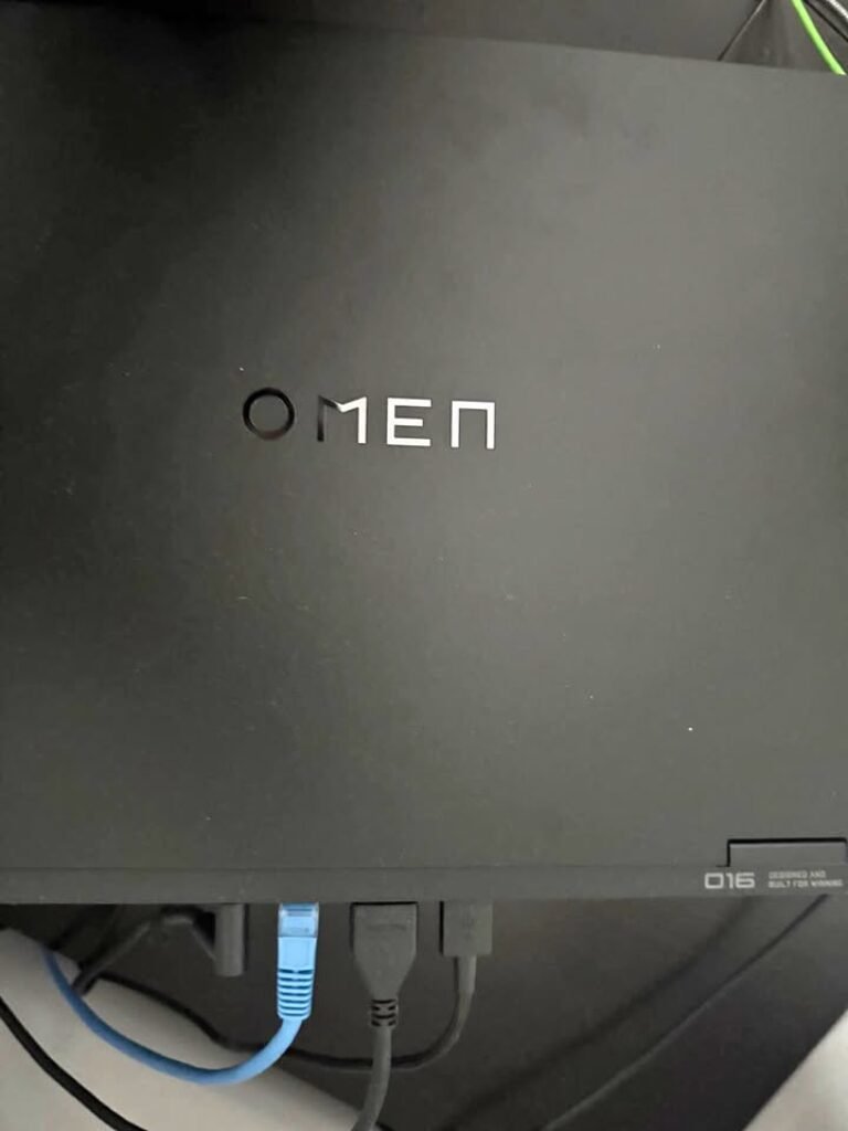 HP Omen 16 gaming laptop with Intel Core i7-14650HX and NVIDIA RTX 5050,
showing the rear port layout including RJ-45 Ethernet LAN port and HDMI output port