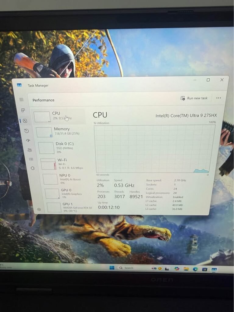 Windows Task Manager Performance tab on an Intel Core Ultra 9 275HX laptop displaying CPU running at 4.60 GHz with 6% utilization, 16 logical processors, 8 cores, L1 cache 512 KB, L2 cache 8.0 MB, L3 cache 16.0 MB on Windows 11.