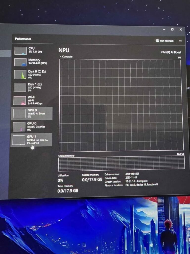 Intel Core Ultra 9 275HX NPU performance stats shown in Windows Task Manager — Intel AI Boost NPU at 0% compute utilization, 0.0/17.9 GB shared memory, driver version 32.0.100.4404, DirectX 12 compute support, running on PCI bus 0 device 11