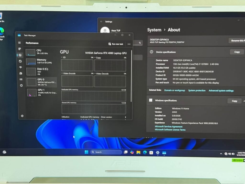 NVIDIA GeForce RTX 4060 Laptop GPU performance stats in Task Manager, showing dedicated GPU memory of 8.0 GB, shared GPU memory of 7.8 GB, GPU temperature at 43°C in System About settings