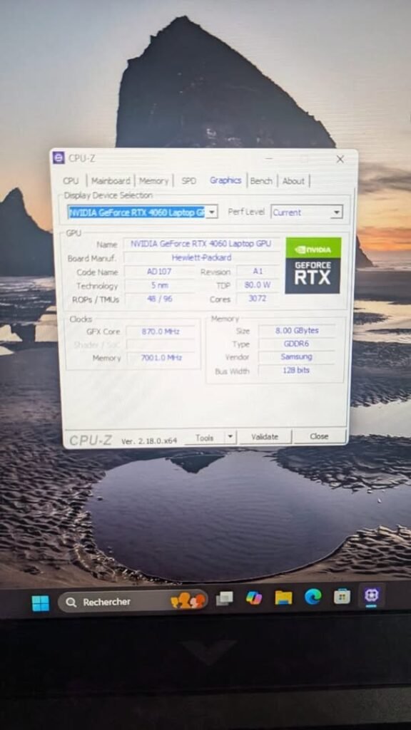 CPU-Z screenshot showing NVIDIA GeForce RTX 4060 Laptop GPU specifications, including 3072 CUDA cores, 5nm AD107 chip, 870 MHz GFX core clock, 7001 MHz memory clock, 8GB GDDR6 Samsung VRAM, 128-bit bus width, and 80W TDP running on Windows 11