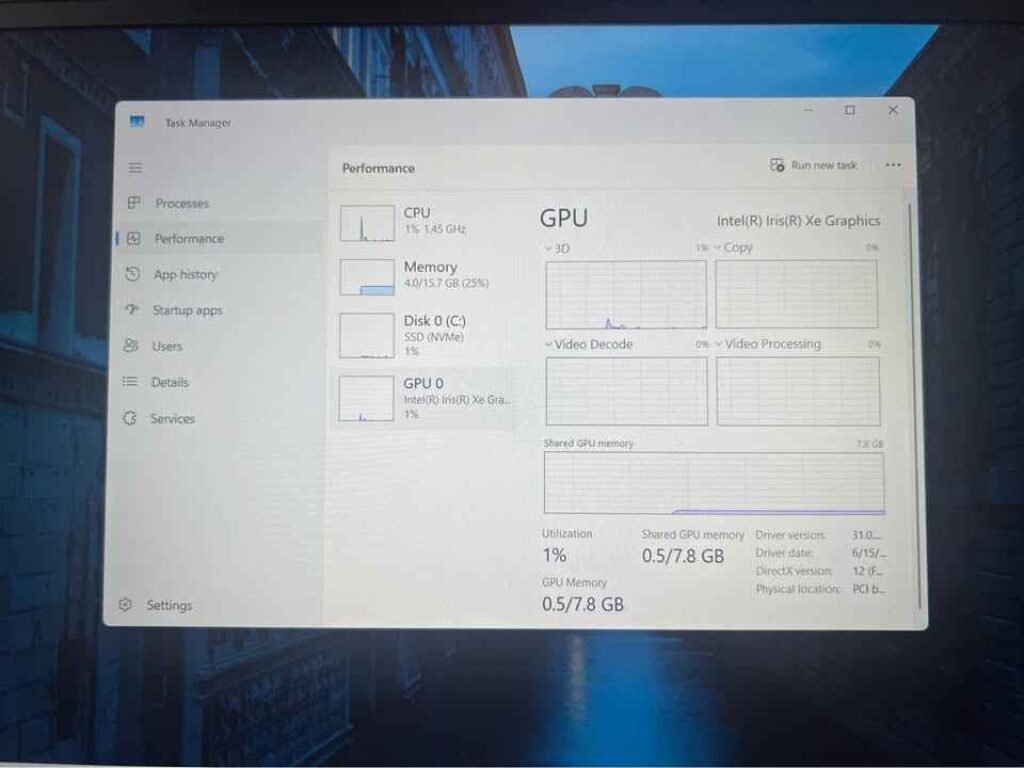 Samsung Galaxy Book 4 Intel Core i7 Windows 11 Task Manager Performance Tab showing GPU stats — Intel Iris Xe Graphics running at 1% utilization