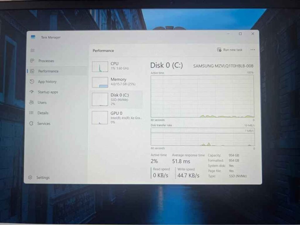 Samsung Galaxy Book 4 Intel Core i7 Windows 11 Task Manager Performance
tab showing Disk 0 (C:) Samsung NVMe SSD stats — 954 GB capacity, 2%
active time, 51.8 ms average response time, 0 KB/s read speed, and 44.7
KB/s write speed during performance test.
